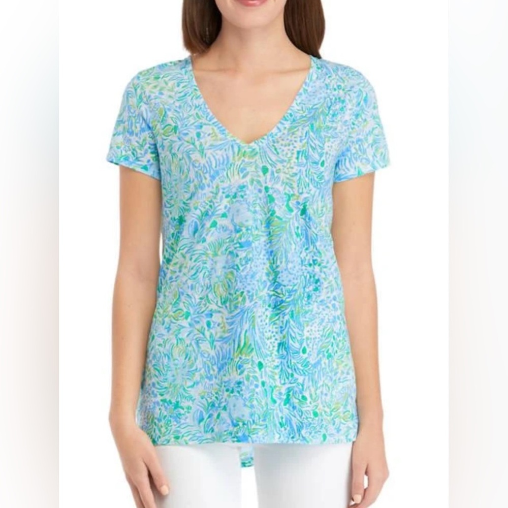 NWT Lilly Pulitzer Etta V-Neck Top Dandy Lions Hydra Blue L